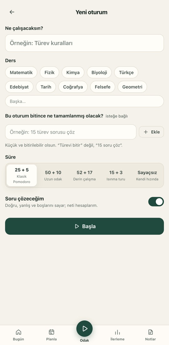 Yeni oturum ekranı: konu, ders çipleri, mini görevler, süre seçimi ve soru sayacı anahtarı.