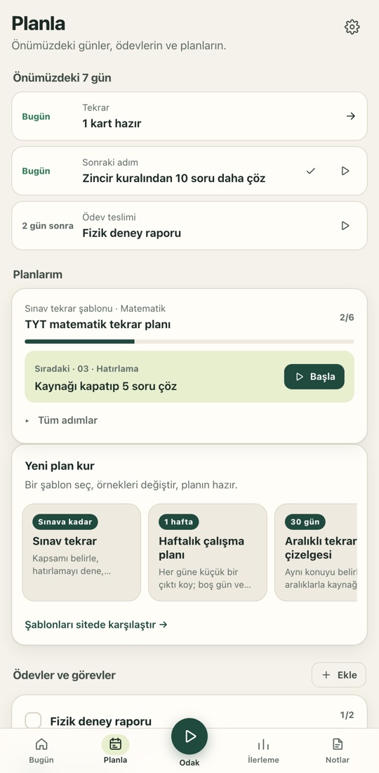 Planla ekranı: önümüzdeki 7 gün, sıradaki adımı ve Başla düğmesi olan sınav tekrar planı, şablon galerisi.