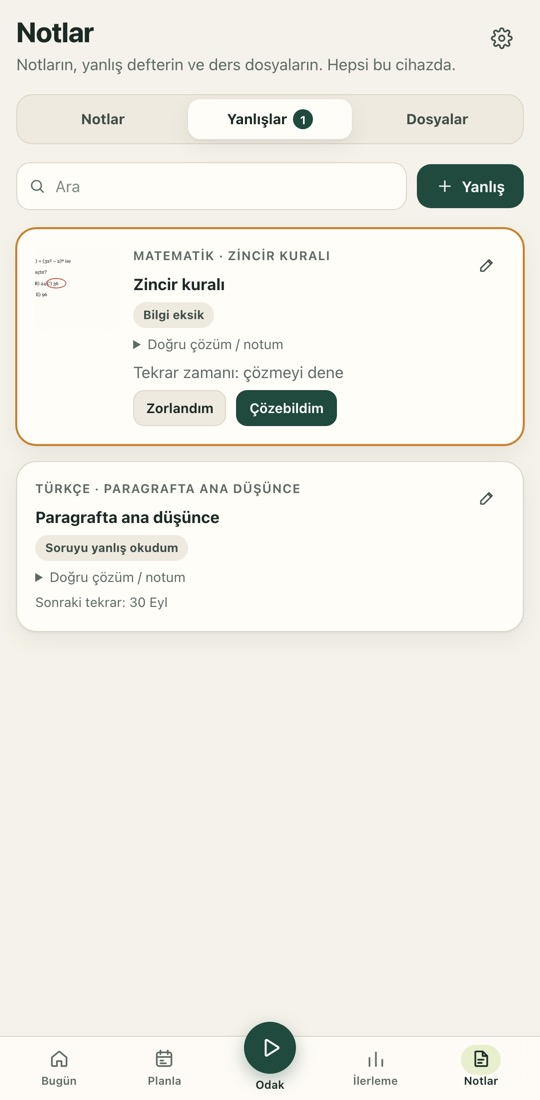 Yanlış defteri: soru fotoğrafı, ders ve konu, Bilgi eksik neden etiketi, Zorlandım ve Çözebildim düğmeleri.